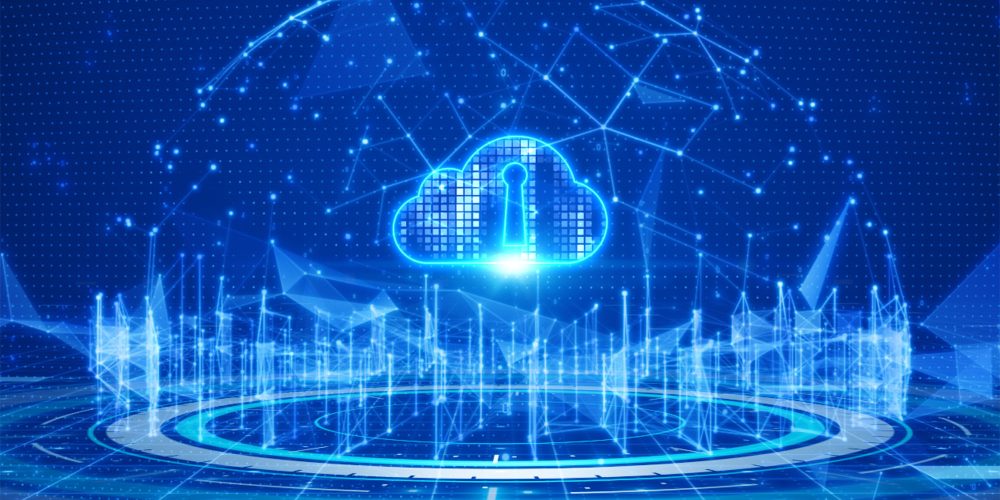 Illustration of cloud security with shield, padlock, and digital cloud icons representing best practices for protecting cloud environments in 2025.