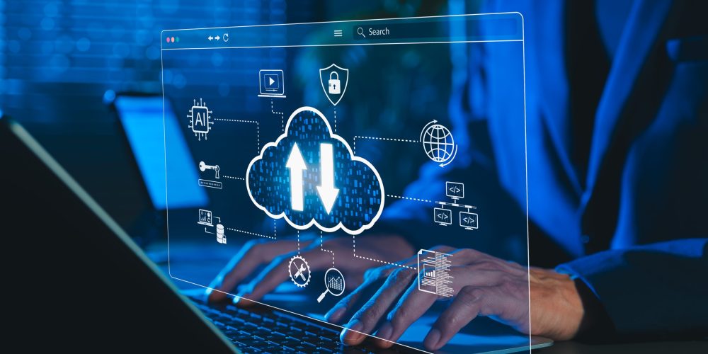 Cloud Computing and Data Technology Concept. Man using laptop with cloud icons and digital data symbol, representing cloud computing, data storage, cybersecurity, and AI integration in modern tech.